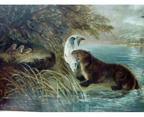 R Cleminson (British d.1903), The Catch, signed oil on canvas dated 1882, Scottish Loch scene with Otter, Salmon and Kits, 75