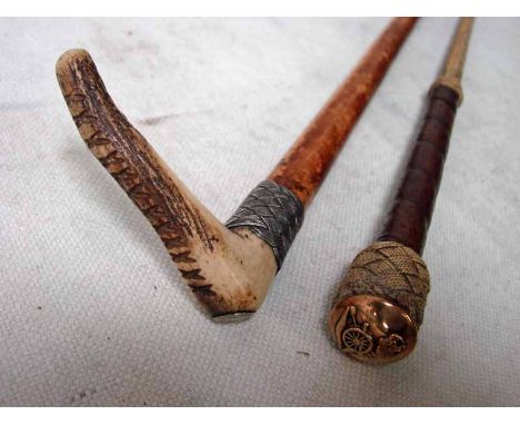A flexible Riding crop with Royal Artillery button affixed 80cm long and a Swain horn handled Hunting Crop 72cm long 