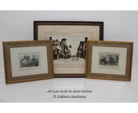 3X FRAMED PICTURES INCLUDING 2X LITHOGRAPH PRINTS OF FARNHAM AND GUILDFORD CASTLES AND 1X VINTAGE IMAGE OF GUILDFORD HIGH STR