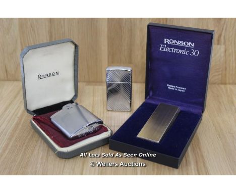 THREE ASSORTED LIGHTERS INCLUDING RONSON VARAFLAME ELECTRONIC 30, RONSON FLINT LIGHTER AND ZIPPO 