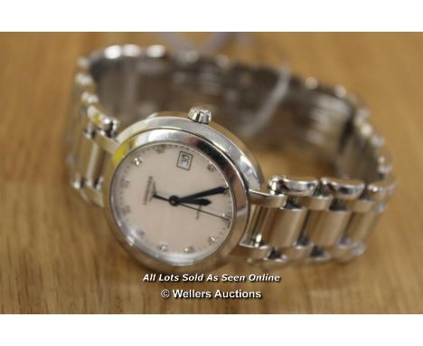*LADIES&nbsp;LONGINES PRIMA LUNA, AUTOMATIC MOVEMENT,WHITE MOTHER OF PEARL DIAMOND DOT DIAL WITH DATE,HIGH POLISH STAINLESS S