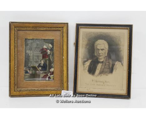 TWO SMALL ANTIQUE PRINTS, PORTRAIT OF DR WALSHAM HOW AND COURT HOUSE SCENE (DAMAGED) 