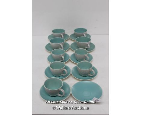 POOLE POTTERY,  4X LARGE CUPS AND MATCHING SAUCERS, 5X SMALL CUPS WITH 6X SAUCERS, MOTTELED GREY/DUCK EGG BLUE COLOUR FINISH
