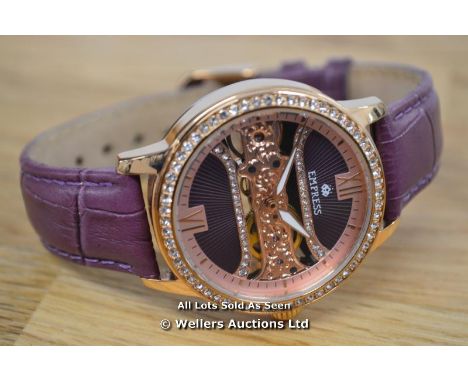 *LADIES&nbsp;EMPRESS WATCH, ROSE COLOURED CASE, MANUAL MOVEMENT, STONE SET BEZEL AND DIAL, CLEAR CASE BACK ON PURPLE LEATHER 