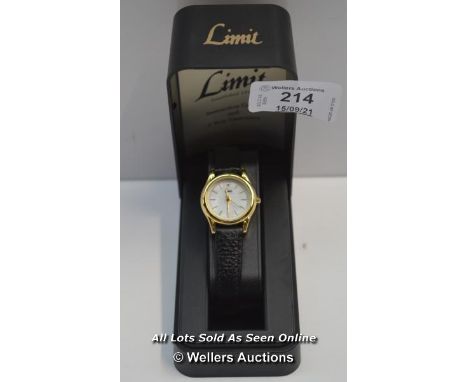 LADIES&nbsp;,LIMIT,QUARTZ WATCH ,MOTHER OF PEARL BATTON DIAL,STONE SET 12 OCLOCK HOUR MARKER , YELLOW CASE,BLACK STRAP / APPE