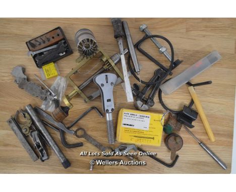 BOX OF MIXED, ASSORTED CLOCK/WATCH MAKERS TOOLS,CASE OPENER,CLCOK SPANNERS,DRILL BITS,CALLIPERS,CRYSTAL REMOVAL TOOL