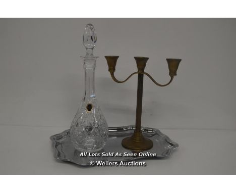 LARGE CHRISTAL DECANTER WITH LID ( 40 CM HIGH ) ,  BRASS CANDLESTICK AND TRAY 