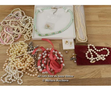 BAG OF ASSORTED FAUX PEARL NECKLACES AND  EARINGS 