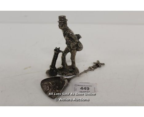  PEWTER CHIMNEY SWEEP FIGURE AND BRUSHES ,WHITE METAL SERVING SPOON (DUTCH)