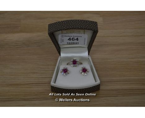LADIES SYNTHETIC RUBY AND CUBIC ZERCONIA SET RING AND MATCHING EARRINGS, 9CT YELLOW GOLD, ROUND BRILLIANT AND BAGGETTE CUT CZ