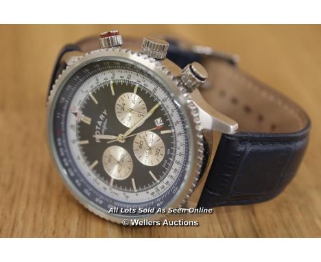 *GENTS ROTARY, CHRONOGRAPH WATCH, BLUE BATTON DIAL WITH DATE , STEEL CASE ON BLUE LEATHER STRAP, WR 50 METERS / WATCH RUNNING