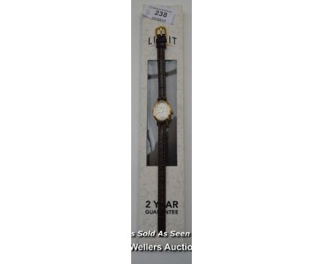 LADIES&nbsp;,LIMIT,QUARTZ,WHITE MOTHER OF PEARL ARABIC BATTON DIAL, YELLOW AND STEEL CASE,BROWN LEATHER STRAP
