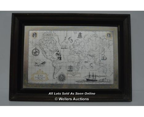 ANTIQUE GLOBAL MAP MIRROR "THE ROYAL GEOGRAPHICAL SOCIETYSILVER MAP" 69.5 X 51CM INCLUDING FRAME 