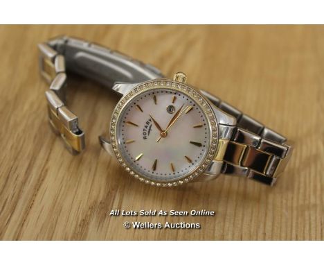 *LADIES&nbsp;WATCH, ROTARY QUARTZ,STEEL AND YELLOW METAL CASE AND BRACELET,WHITE MOTHER OF PEARL BATTON DIAL WITH DATE APPATU