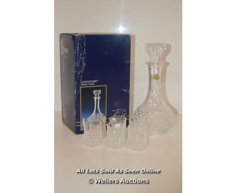 BOXED VERRERE CRISTALLERE D'ARQUES LONGCHAMP 7 PIECE DECANTER AND GLASS SET. DECANTER - 24CM HIGH 