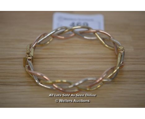 LADIES 9CT GOLD TRI COLOUR BANGLE (YELLOW,WHITE,ROSE) (19.2G) / 1X SAFETY CLASP MISSING