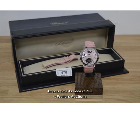 LADIES CHOPARD HAPPY DIAMONDS WATCH ,PINK MOP DIAL ON PINK STRAP, WITH BOX AND PAPERS, 18CT WHITE GOLD