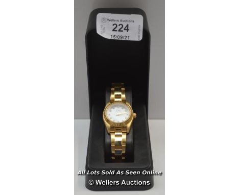 LADIES&nbsp;,LIMIT,QUARTZ WATCH, WHITE MOTHER OF PEARL DOT DIAL,YELLOW CASE AND BRACELET / APPEARS TO BE NEW - OPENED BOX