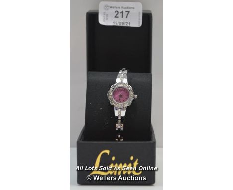 LADIES&nbsp;,LIMIT,QUARTZ WATCH,PINK MOTHER OF PEARL BATTON DIAL, FANCY STEEL CASE AND BRACELET, STONE SET BEZEL / APPEARS TO