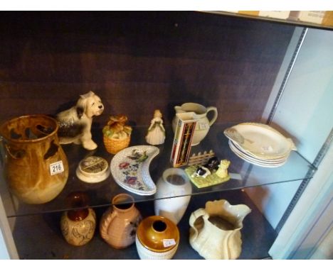 Two shelves of mixed ceramics including spode, studio pottery etc 