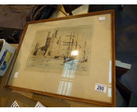 Signed print of castle and sailing ships