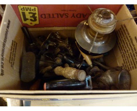 Box of assorted tools and metalware