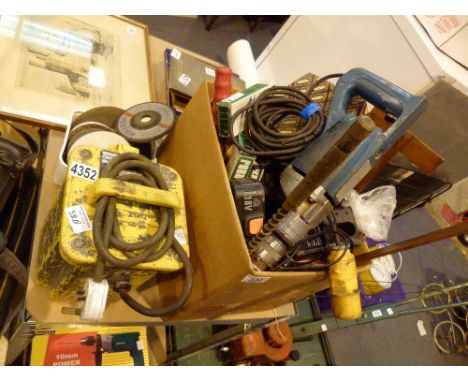 Collection of mixed workshop tools including 110V transformer