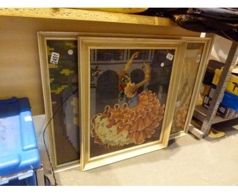 Framed tapestry of a Spanish fishing village by Elizabeth Hocknull and a Flamenco tapestry