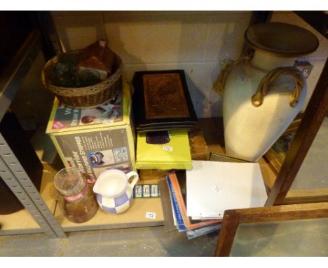 Shelf of mixed items including wallpaper steamer, large vase and stamp albums etc 