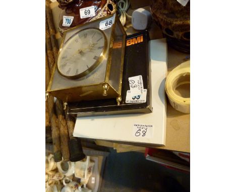 Brass mantle clock, boxed measuring tapes etc