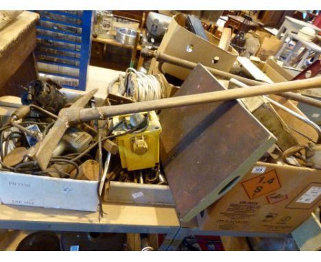 Four boxes of mixed tools including 110V transformer