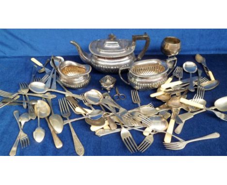 Cutlery and EPNS, a quantity of vintage cutlery together with an EPNS James Dixon teapot, sugar bowl and milk jug (gen gd) (6