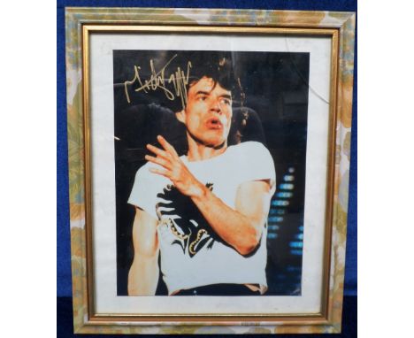 Music memorabilia, Rolling Stones, framed print showing Mick Jagger, signed in gold marker, frame size approx. 30cm x 35cm (o