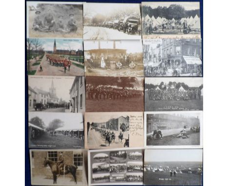 Postcards, a mixed Military selection of 28 cards, mostly soldiers at Camp or 'in town' and marching to camp. RP's include co
