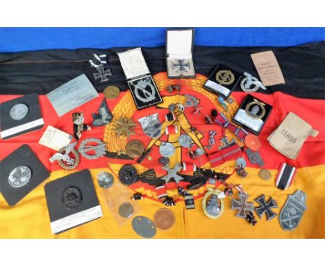 Militaria, a qty. of WW2 German badges, stick pins, dog tags etc. to include an S.A. badge, 2  Reichspartei Tags, a wound bad