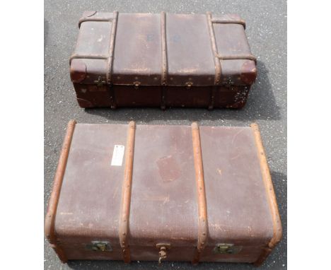 Travel Trunks, 2 vintage wooden banded travel trunks one with internal tray and keys (Army and Navy Cooperative Society, West