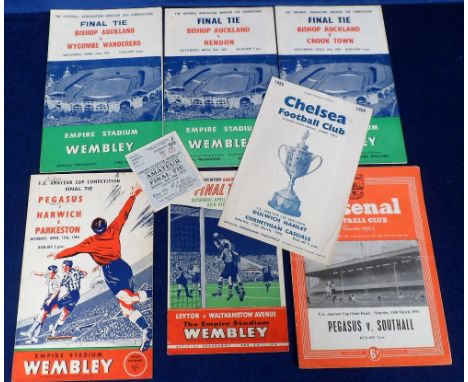 Football programmes, FA Amateur Cup selection, Finals 1952, 53, 54 with match ticket, 55 &amp; 57, also Semi-Finals for Pegas