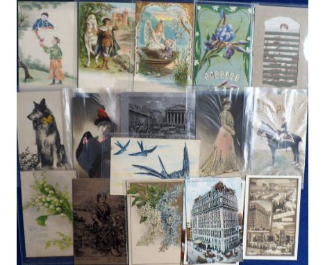 Postcards, a mixed novelty collection of 40 cards with a few USA.  Including embossed George Washington, pretty girls at USA 