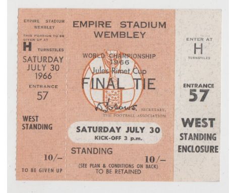 World Cup 1966 Ticket, England v West Germany, World Cup Final 30th July 1966, scarce UNUSED West Standing Enclosure 10/- tic