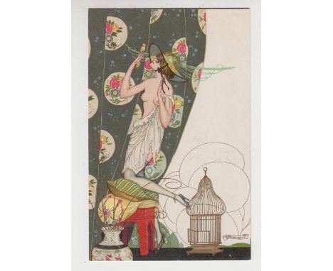 Postcard, Art Deco, Umberto Brunelleschi, 'Femme a La Perruche', Series 31/2, unused (vg) (1)