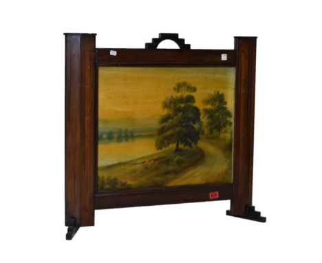 Art Deco firescreen having rural lake scene, 84cm x 75cm high 