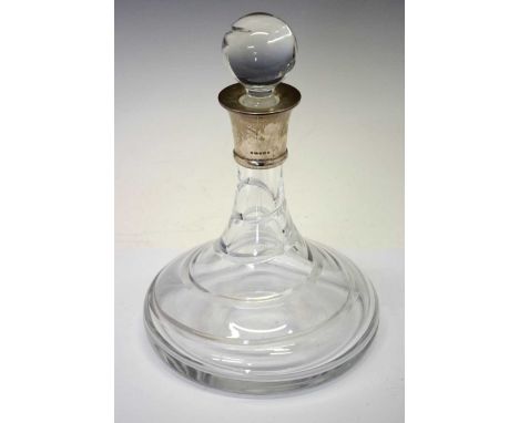 Modern crystal glass ships decanter with silver collar, Sheffield 2009, 27.5cm high