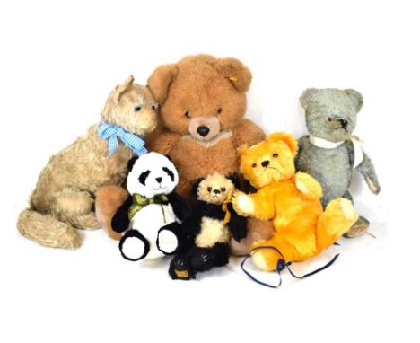 Quantity of vintage plush toys/ bears to include; Farnells' Alpha Toys cat, Steiff 0320/65 near (63cm high), Harrods &amp; Me