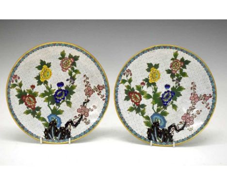 Pair of Chinese cloisonne enamel plates, decorated with chrysanthemums and prunus on a geometric ground, 25cm diameter