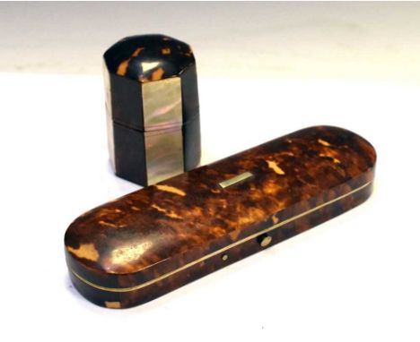 Tortoiseshell spectacles case, with spectacles, together with a tortoiseshell and mother-of-pearl needle or button case (bodk
