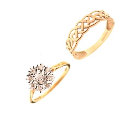 18ct gold illusion set diamond cluster ring, size M, and 9ct gold Celtic-style ring, size M, 3.8g gross approx