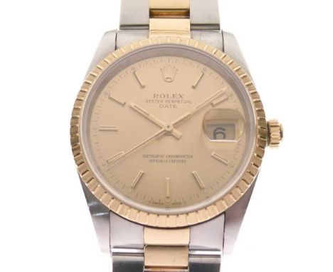 Rolex - Gentleman's Oyster Perpetual Date bi-colour stainless steel wristwatch, having fluted bezel, champagne dial with gold