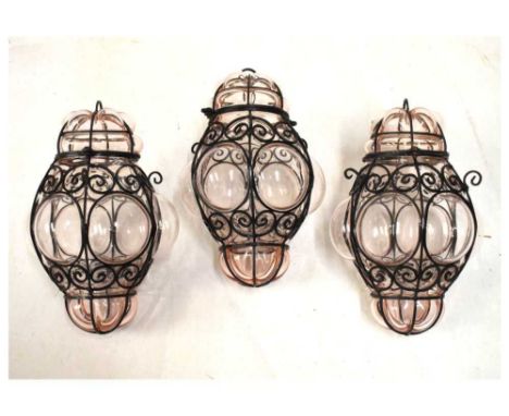 Three Venetian glass and metalwork light shades and fixings 25cm high (shades)