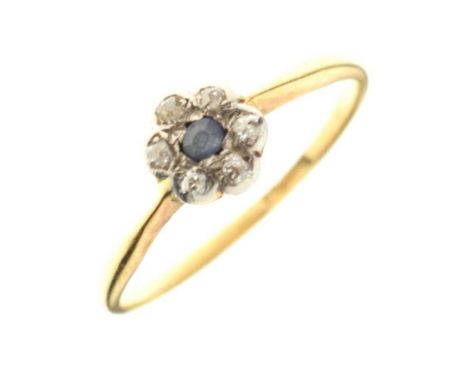 Yellow metal cluster ring set central sapphire and six old-cut diamonds, stamped 18ct, 1.7g gross approx, size N approx (shan