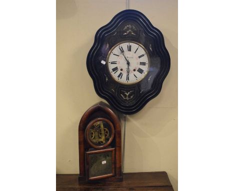 Late 19th or early 20th Century French 'vineyard' clock, H. Duprat, 60.5cm high, and an American mantel clock (a/f), (2)